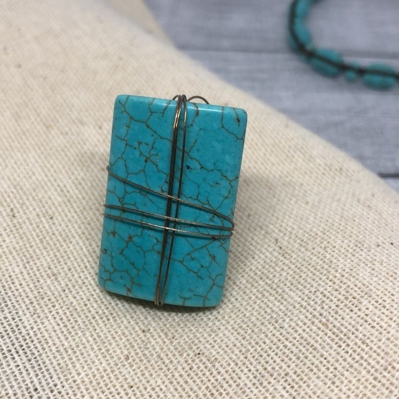 Artisan handmade reconstructed turquoise statement ring and bracelet boho - Picture 3 of 7